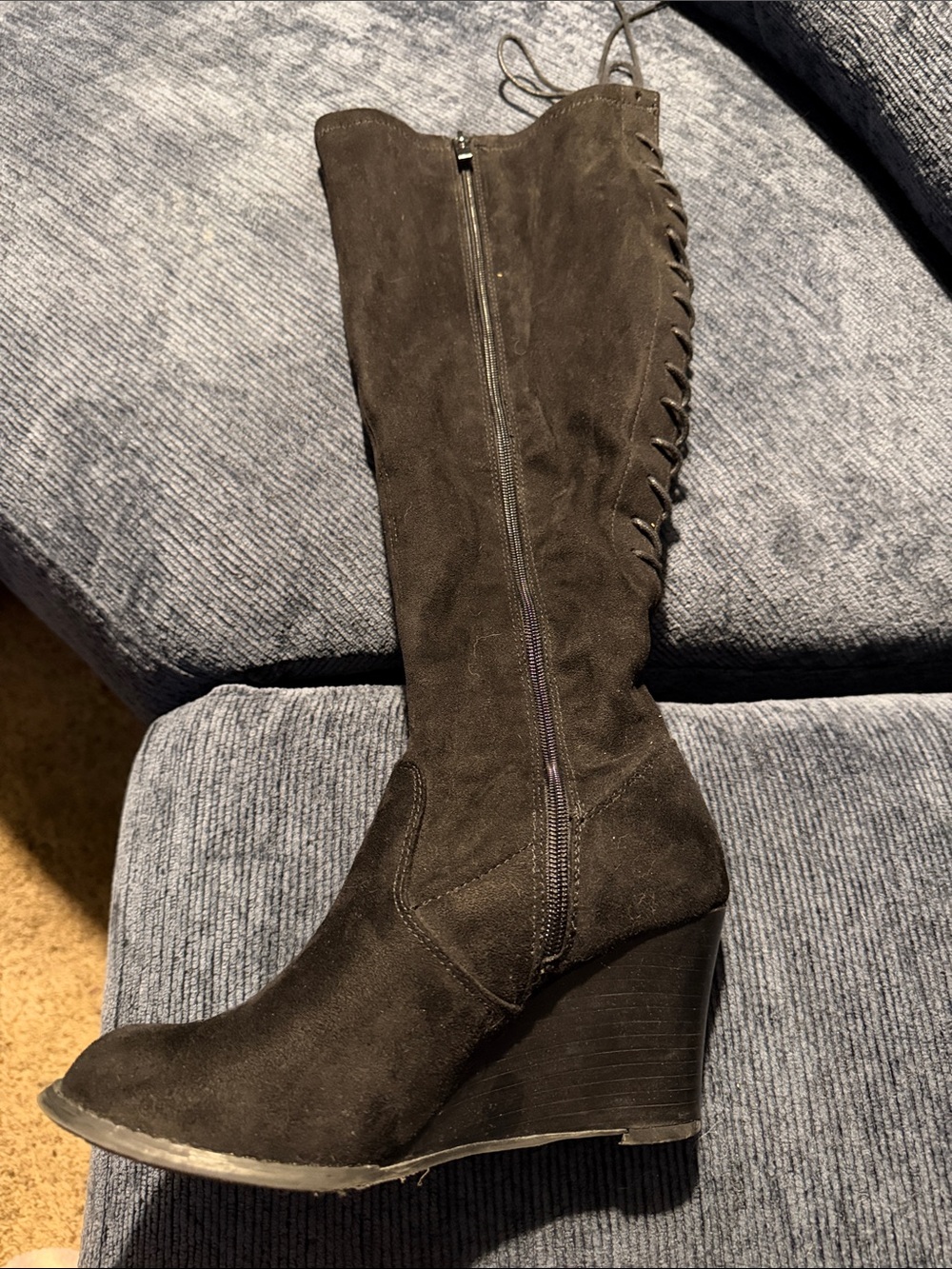 torrid Black Suede Lace-Up Back Wedge Knee Boots
